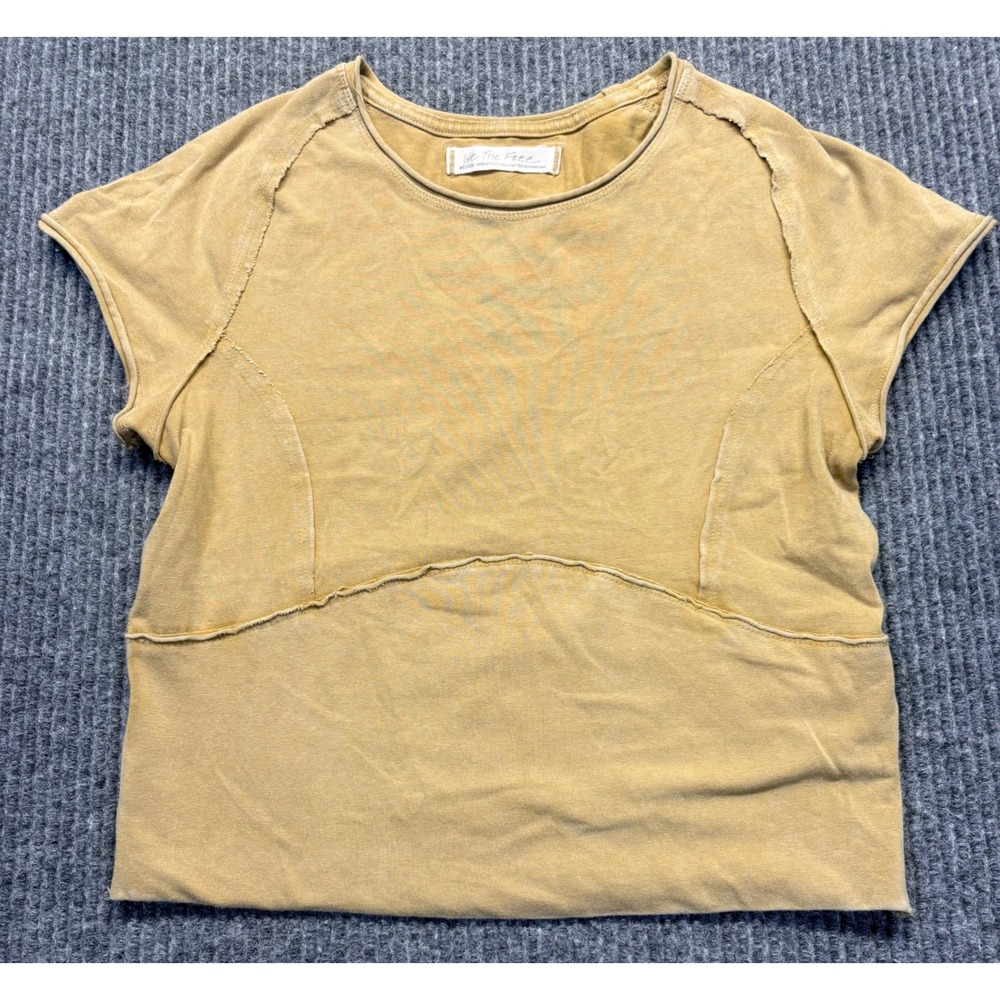 We The Free Free People Mustard Yellow Raw Edge Seam Boxy Crop T-Shirt Medium
